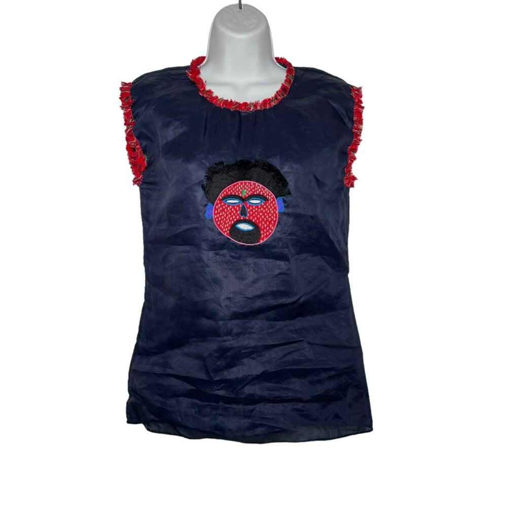 RARE Jupe by Jackie Mask Embroidered Fringe Organza Navy Sleeveless Top XS - Picture 2 of 9